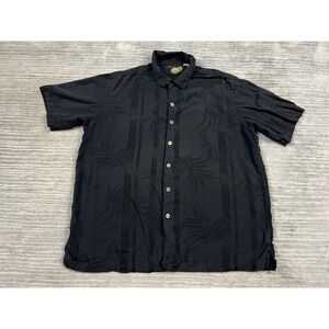 Caribbean Shirt Mens Large Black Silk Blend Short Sleeve Button Up Casual